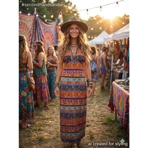 Vintage Gottex Halter Maxi Dress Psychedeli Floral Made Israel Boho Large Resort